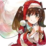  1girl adapted_costume brown_eyes brown_hair christmas flat_chest hat itomugi-kun kantai_collection long_hair looking_at_viewer ryuujou_(kantai_collection) sack santa_costume santa_hat short_hair smile solo twintails 