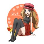  1girl :d black_legwear blonde_hair blue_eyes breasts fennekin hat jewelry long_hair looking_at_viewer miki_(new8) open_mouth pleated_skirt pokemon pokemon_(creature) pokemon_(game) pokemon_xy serena_(pokemon) skirt sleeveless smile solo thigh-highs translated 