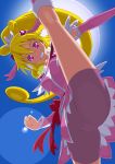  1girl aida_mana bike_shorts blonde_hair blue_background clenched_teeth cure_heart dokidoki!_precure galaxea hair_ornament heart_hair_ornament highres leg_up long_hair looking_at_viewer magical_girl pink_eyes ponytail precure smile solo 