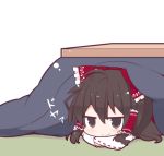  1girl beni_shake bow brown_eyes brown_hair hair_bow hair_tubes hakurei_reimu kotatsu looking_at_viewer smile smug solo table touhou under_kotatsu under_table 