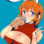  1girl alternate_costume animal_ears blue_background blue_eyes blush breasts bust charlotte_e_yeager cleavage cleavage_cutout drinking em large_breasts long_hair looking_at_viewer open-chest_sweater orange_hair rabbit_ears ribbed_sweater solo strike_witches sweater turtleneck v 