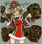  1girl alcohol beer blonde_hair blush cup dress fbc gloves hat kantai_collection mug one_eye_closed open_mouth peaked_cap prinz_eugen_(kantai_collection) santa_costume sausage smile solo thigh-highs twintails uniform 
