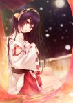  1girl bare_shoulders black_hair brown_eyes haruna_(kantai_collection) headgear ichikawa_noa kantai_collection long_hair looking_at_viewer night nontraditional_miko onsen skirt snow soaking_feet solo undressing water 