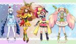  4girls :d arms_up blue_eyes blue_skirt boots bow braid brooch brown_hair character_name crossed_legs cure_daisy_(galibo) cure_flare_(galibo) cure_maple_(galibo) cure_snow_(galibo) expressionless fingerless_gloves galibo gloves hair_bow hair_bun hat high_heels jewelry kano_momiji_(galibo) knee_boots long_hair magical_girl matou_yukino_(galibo) multicolored_background multiple_girls open_mouth original pantyhose payot pink_hair ponytail precure puffy_sleeves redhead ribbon sandals scarf shoes short_hair shorts skirt smile standing tarano_may_(galibo) twin_braids twintails uchiage_hanabi_(galibo) violet_eyes white_hair white_legwear yellow_eyes 