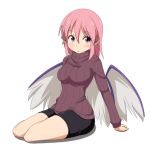  1girl alternate_costume animal_ears bird_wings blush breasts cato_(monocatienus) contemporary earrings jewelry large_breasts long_sleeves looking_at_viewer mystia_lorelei open_mouth pink_eyes pink_hair ribbed_sweater shorts sitting solo sweater touhou turtleneck wings 