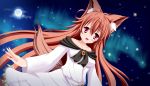  1girl absurdres animal_ears aurora bare_shoulders breasts brooch brown_hair collarbone darktrified dress fang fingernails full_moon highres imaizumi_kagerou jewelry long_hair looking_at_viewer moon open_mouth red_eyes shooting_star sky solo star star_(sky) starry_sky tail touhou very_long_hair watermark wolf_ears wolf_tail 