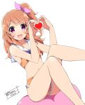  :d aikatsu! bare_legs bikini blush copyright_name hair_ribbon heart heart_hands highres looking_at_viewer navel oozora_akari open_mouth orange_bikini orange_hair ribbon sailor_bikini side_ponytail simple_background sitting smile swimsuit twitter_username violet_eyes wara_(warapro) white_background 