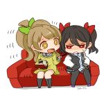  2girls black_hair blush bow bright_pupils brown_hair chibi couch dated hair_bow hands_in_pockets jacket letterman_jacket long_hair long_sleeves love_live!_school_idol_project minami_kotori mota multiple_girls open_mouth pantyhose pinstripe_pattern pocky red_eyes short_hair simple_background sitting white_background yazawa_nico yellow_eyes 