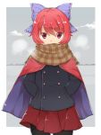  1girl adapted_costume akagashi_hagane black_legwear bow cape clouds coat hair_bow hands_in_pockets looking_at_viewer pantyhose plaid plaid_scarf red_eyes red_skirt redhead scarf sekibanki short_hair skirt solo touhou winter_clothes 