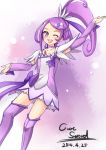 1girl arm_warmers armpits artist_request blush cure_sword dokidoki!_precure female happy kenzaki_makoto long_hair magical_girl ponytail precure purple_eyes ribbon solo source_request thigh-highs violet_hair wink 