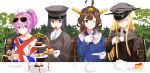  4girls ahoge akitsu_maru_(kantai_collection) alternate_costume aoba_(kantai_collection) aqua_eyes bismarck_(kantai_collection) black_eyes black_hair blue_eyes brown_hair cake cardigan closed_eyes cup cupcake double_bun eight_tohyama food fruit fur_trim gloves hat headgear kantai_collection kongou_(kantai_collection) long_hair macaron multiple_girls one_eye_closed open_mouth peaked_cap saucer scarf sitting strawberry sunglasses sunglasses_on_head teacup union_jack white_gloves winter_clothes winter_coat 