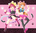  2girls :d ahoge animal_ears arakawa_tarou bell black_legwear black_skirt blue_eyes cat_ears cat_tail fang highres hoshizora_miyuki houjou_hibiki kemonomimi_mode long_hair looking_at_viewer midriff multiple_girls navel open_mouth panther_pink_(precure) paw_print pink_background pink_eyes pink_hair pink_skirt polka_dot precure short_hair skirt smile smile_precure! suite_precure tail thigh-highs 