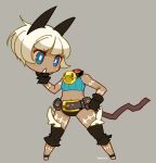  1girl animal_ears belt blonde_hair blue_eyes cat_ears cat_tail chibi dated disembodied_head grey_background head holding_head midriff mota ms._fortune_(skullgirls) scar short_hair skullgirls solo standing tail 