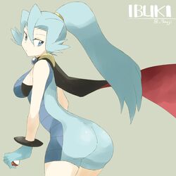  blue_eyes blue_hair blush cape dress ibuki_(pokemon) long_hair poke_ball pokemon ponytail 