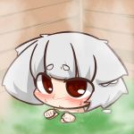  1girl animal_ears bathhouse blush brown_eyes chibi inubashiri_momiji inunoko. looking_at_viewer partially_submerged short_hair silver_hair solo sweat touhou wolf_ears 