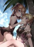  2girls absurdres artist_request ass ayase_eli beach bikini black_bikini black_swimsuit blonde_hair blue_eyes blush bow brown_hair casual_one-piece_swimsuit clouds coconut_tree floral_print frilled_bikini frilled_swimsuit frills hair_bow hair_ornament hairclip hand_on_another&#039;s_chin highres kousaka_honoka legs long_hair love_live!_school_idol_project multiple_girls navel one-piece_swimsuit one_side_up open_clothes open_mouth open_shirt palm_tree ponytail print_shirt shirt sky swimsuit tree yuri 