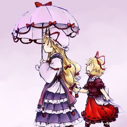  2girls age_difference black_eyes blonde_hair bow dress frilled_dress frilled_skirt frills hair_bow hair_ribbon hat hat_ribbon holding_umbrella long_hair long_sleeves looking_back looking_up medicine_melancholy mob_cap multiple_girls open_mouth profile purple_background purple_dress red_skirt ribbon short_hair short_sleeves skirt standing tabard talking touhou umbrella wide_sleeves yaise yakumo_yukari 