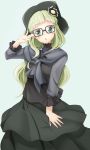  1girl adjusting_glasses aikatsu! alternate_hairstyle bangs bat_wings beret bespectacled blush chestnut_mouth dress frilled_sleeves frills glasses green_background green_eyes green_hair hair_down hat highres long_hair long_sleeves looking_at_viewer shawl solo standing toudou_yurika wapokichi wings 