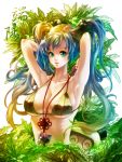  1girl absurdres arms_behind_head bikini_top blue_hair breasts green_eyes highres jewelry league_of_legends long_hair necklace smile sona_buvelle twintails under_boob waterring 