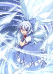  1girl blue_dress blue_eyes blue_hair bow cirno commentary dress hair_bow ice ice_wings looking_at_viewer open_mouth puffy_short_sleeves puffy_sleeves racer_(magnet) shirt short_sleeves solo touhou wings 