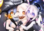  3girls bodysuit destroyer_hime dress face-to-face grey_hair hachachi hat kantai_collection long_hair multiple_girls northern_ocean_hime orange_eyes pale_skin school_uniform serafuku shinkaisei-kan side_ponytail staff tentacles violet_eyes white_dress white_skin wo-class_aircraft_carrier 