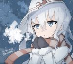  1girl aqua_eyes aqua_hair breath bust chestnut_mouth coat cold dated flat_cap hammer_and_sickle hat hibiki_(kantai_collection) kantai_collection long_hair mittens mku scarf snow solo striped striped_scarf twitter_username verniy_(kantai_collection) winter_clothes 