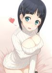  adam700403 aqua_eyes black_hair black_legwear blush breast_hold breasts cleavage_cutout hair_ornament hairclip heart kirigaya_suguha large_breasts looking_at_viewer open-chest_sweater ribbed_sweater short_hair signature sitting sweater sword_art_online thigh-highs turtleneck 