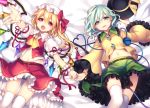  2girls arm_ribbon ascot blonde_hair blue_eyes bow bracelet earrings fangs flandre_scarlet hat hat_bow hat_removed hat_ribbon headwear_removed jewelry komeiji_koishi long_sleeves looking_at_viewer lying masaru.jp midriff mob_cap multiple_girls navel on_back open_clothes open_mouth open_shirt open_vest panties pantyshot pantyshot_(lying) pink_eyes puffy_short_sleeves puffy_sleeves ribbon short_sleeves side_ponytail silver_hair skirt striped striped_panties thigh-highs third_eye touhou underwear upskirt vest white_legwear wide_sleeves wings wrist_ribbon zettai_ryouiki 