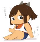  1girl chibi comic gaiko_kujin i-401_(kantai_collection) kantai_collection sailor_collar school_swimsuit short_ponytail simple_background sitting solo swimsuit swimsuit_under_clothes tan translation_request 