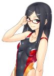  1girl adjusting_hair black_eyes collarbone competition_swimsuit covered_navel glasses hair_ornament hairclip katagiri_(a1466502) long_hair looking_at_viewer navel one-piece_swimsuit original red-framed_glasses semi-rimless_glasses simple_background small_breasts smile solo swimsuit under-rim_glasses white_background 