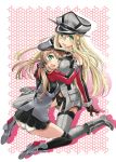  2girls :d absurdres alternate_eye_color ass bare_shoulders bismarck_(kantai_collection) black_legwear black_panties black_skirt blonde_hair blush boots breasts brown_gloves detached_sleeves gloves green_eyes grey_legwear hand_on_another&#039;s_shoulder hat highres honeycomb_background hug iron_cross kantai_collection large_breasts long_hair long_sleeves microskirt military military_uniform multiple_girls open_mouth over-kneehighs panties peaked_cap pleated_skirt prinz_eugen_(kantai_collection) silhouette sitting skirt smile thigh-highs tsubakiyama_parry twintails underwear uniform very_long_hair white_gloves white_panties 