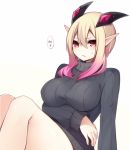  1girl blonde_hair blush breasts bust dark_falz_apprentice hair_ornament large_breasts looking_at_viewer muryou phantasy_star phantasy_star_online_2 pink_hair pointy_ears red_eyes ribbed_sweater short_hair sitting solo sweatdrop sweater turtleneck 