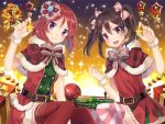  2girls black_hair blush bow capelet chocho_(homelessfox) fur_trim gift hair_bow hair_ornament looking_at_viewer love_live!_school_idol_project multiple_girls nishikino_maki open_mouth red_eyes red_legwear redhead santa_costume short_hair sitting skirt smile star striped striped_legwear thigh-highs twintails violet_eyes 