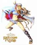  1girl aqua_eyes bandages belt blonde_hair chain coat cross-laced_footwear greek_mythology hair_over_one_eye hat highres midriff nakano_haito original princess_royale scar short_shorts shorts solo 