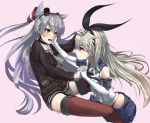  2girls absurdres amatsukaze_(kantai_collection) anchor_hair_ornament bare_shoulders blonde_hair blue_skirt brown_dress brown_eyes choker crop_top dabuki dress elbow_gloves garter_straps gloves hair_tubes hand_on_another&#039;s_face hand_on_another&#039;s_head headgear highleg highres holding_hands kantai_collection long_hair long_sleeves looking_at_another microskirt multiple_girls neckerchief open_mouth pink_background pleated_skirt red_legwear sailor_collar sailor_dress shimakaze_(kantai_collection) silver_hair simple_background skirt sleeveless sleeveless_shirt thigh-highs two_side_up white_gloves 