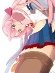  akashi_(kantai_collection) bandana green_eyes highhighs kantai_collection long_hair on-rommel pink_hair skirt smile uniform 
