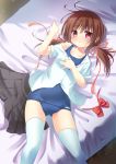  1girl bed brown_hair dress_shirt highres long_hair lying natsuka_(unagi-unagi-unagi) original red_eyes school_swimsuit school_uniform shirt swimsuit swimsuit_under_clothes thigh-highs twintails 