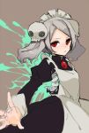  1girl bloody_marie_(skullgirls) hair_ornament k_(li) looking_at_viewer maid maid_headdress outstretched_hand red_eyes silver_hair sketch skull_hair_ornament skullgirls solo twintails 