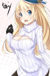  1girl alternate_costume artist_name atago_(kantai_collection) beret black_gloves blonde_hair blue_eyes blush breasts bust cleavage cleavage_cutout gloves hat highres kantai_collection long_hair looking_at_viewer open-chest_sweater open_mouth pantyhose ribbed_sweater solo sweater toki/ turtleneck 