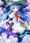1girl blue_hair blush clouds e.o. food food_on_head frilled_skirt frills fruit fruit_on_head hat hinanawi_tenshi jpeg_artifacts long_hair long_skirt looking_at_viewer object_on_head peach red_eyes skirt smile solo touhou tsurime very_long_hair
