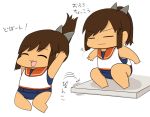  1girl chibi closed_eyes comic gaiko_kujin i-401_(kantai_collection) jumping kantai_collection sailor_collar school_swimsuit short_ponytail simple_background solo swimsuit swimsuit_under_clothes tan translation_request 