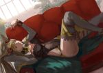  1girl blonde_hair couch granblue_fantasy grey_legwear hair_ornament leotard long_hair long_sleeves looking_at_viewer lying on_back red_eyes sm5050 smile solo thigh-highs 