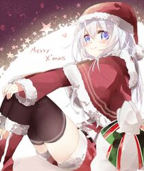  blue_eyes hat heart hibiki_(kantai_collection) kantai_collection long_hair merry_christmas santa_costume shijima_(sjmr02) silver_hair smile 