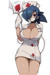  1girl blood blood_bag blue_hair breasts choker cleavage cowboy_shot dress gloves hair_over_one_eye hat k_(li) large_breasts mask nurse nurse_cap ponytail red_eyes short_dress simple_background skullgirls solo surgical_mask valentine_(skullgirls) white_background white_gloves 