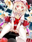 1girl ascot blonde_hair bow drum drum_set fang flandre_scarlet hat hat_bow instrument mob_cap oouso_(usotsukiya) open_mouth outstretched_foot puffy_short_sleeves puffy_sleeves red_eyes shirt short_sleeves sitting_on_drum skirt skirt_set smile solo thigh-highs touhou vest white_legwear wings wrist_cuffs zettai_ryouiki 