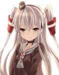  1girl amatsukaze_(kantai_collection) backlighting bangs brown_eyes bust buttons cardigan choker hair_ornament hair_tubes hairband ica kantai_collection lifebuoy light_smile long_hair long_sleeves looking_at_viewer neckerchief parted_bangs school_uniform serafuku silver_hair simple_background small_breasts smile tears two_side_up white_background 