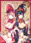  2girls aqua_eyes aqua_nails argyle argyle_background black_hair blonde_hair bonnet bow breasts bustier cleavage cover cover_page cup doujin_cover drill_hair holding_hands interlocked_fingers macaron multiple_girls navel nishimura_eri original pink_nails red_eyes red_legwear saucer sitting teacup thigh-highs 