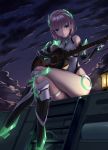  1girl angela_balzac bare_shoulders blonde_hair blue_eyes bodysuit breasts crossed_legs elbow_gloves expelled_from_paradise gloves guitar headgear highres instrument kano_sakurai legs leotard long_hair looking_at_viewer night night_sky sitting sky smile solo thigh_strap twintails very_long_hair 