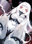  1girl airfield_hime breasts cannon highres horns kantai_collection long_hair looking_at_viewer mephist-pheles open_mouth red_eyes shinkaisei-kan silver_hair sitting solo very_long_hair white_hair white_skin 