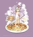  1girl brown_eyes dumpling fried_rice highres horns konno_takashi_(frontier_pub) minigirl original oversized_object school_swimsuit short_hair silver_hair spoon swimsuit white_school_swimsuit white_swimsuit 